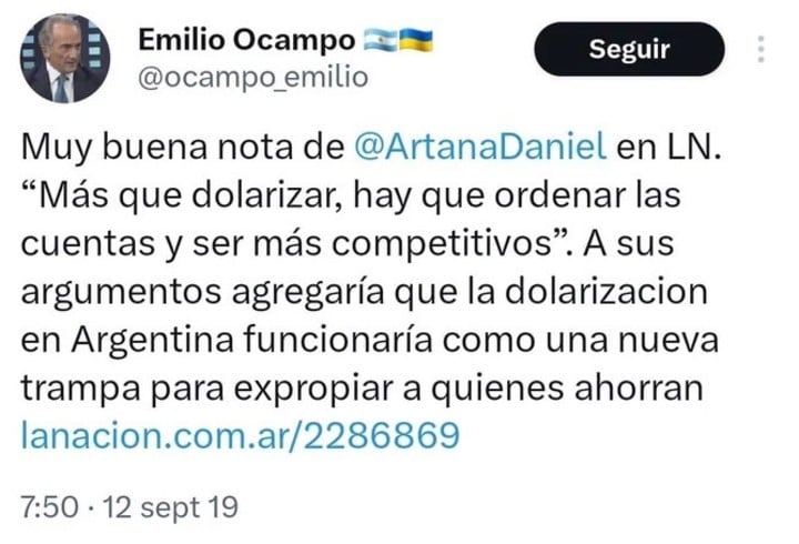 El posteo que había realizado Emilio Ocampo en contra de la dolarización.