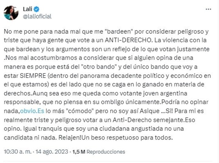 Lali Espósito contra Milei.